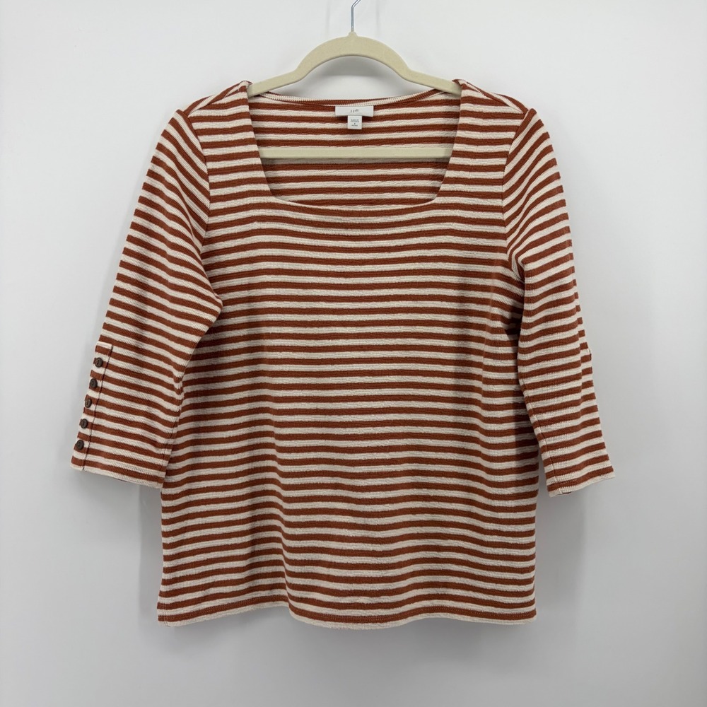 J. Jill Womens S Petite Rust White Striped Top Square Neck 3/4 Sleeve Cotton